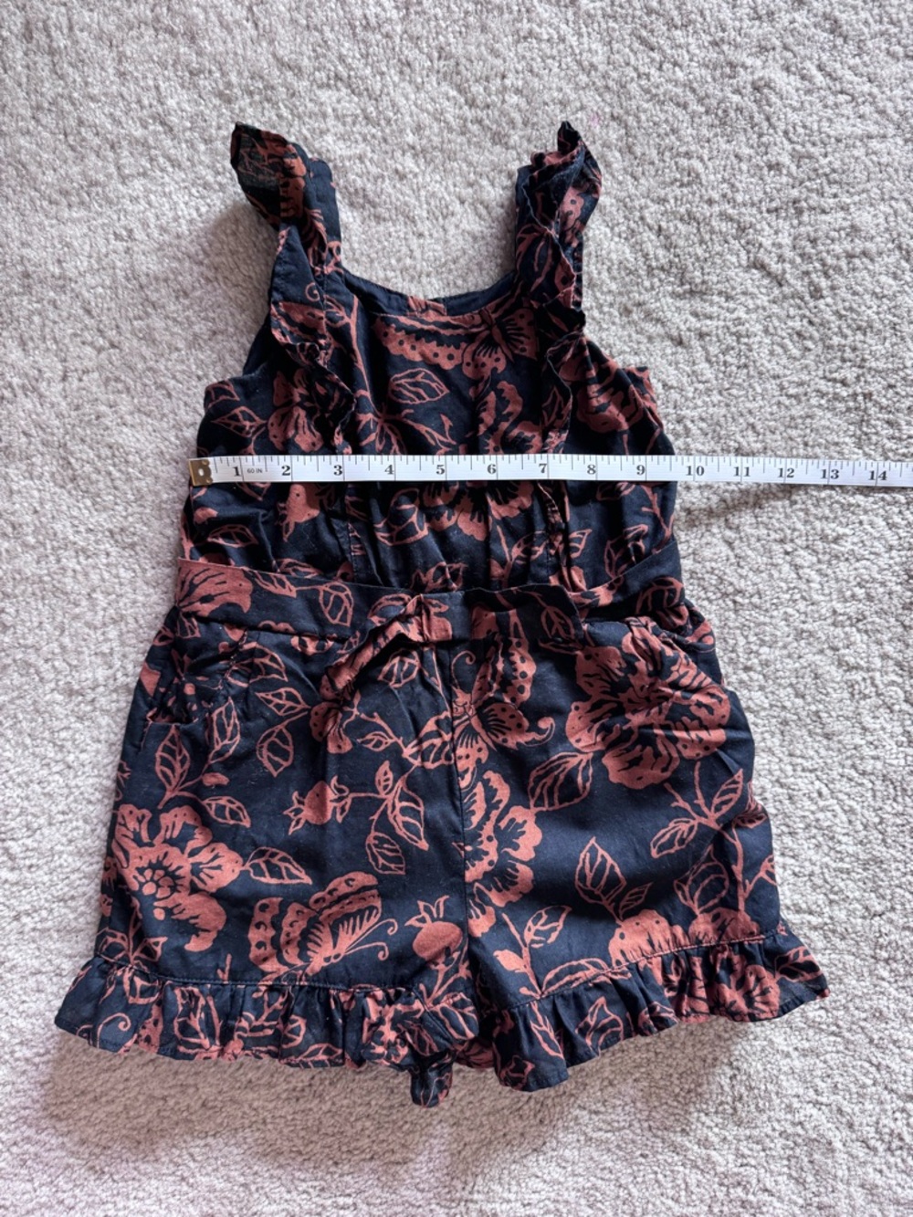 Janie and Jack Girls Black and Rust Floral Ruffle Romper 12-18 months